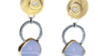 ER–24-202: Recycled Diamond, Blue Chalcedony, oxidized sterling silver, 18k, 14k gold